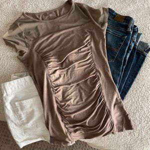 INC Ruched T-shirt with Sheer Detail, Tan, Size: S